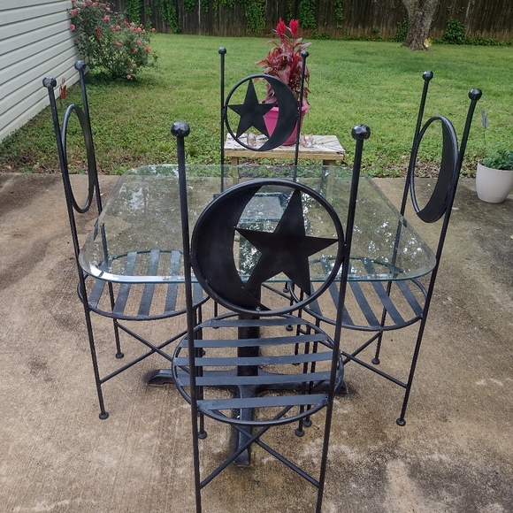 Antique French Wrought Iron Forged Outdoor Chairs w Wrought Iron Glass Top Table - Picture 5 of 16